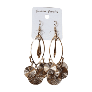 Gold-Plated Spiral Disc Drop Earrings, 7.5 cm Chandelier Design with Fish Hook Closure, Metal E02