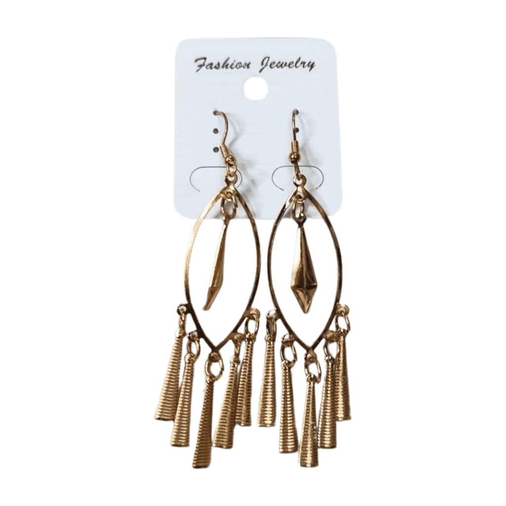 Gold-Plated Chandelier Drop Earrings, 7.5 cm Length, Oval Hoop with Geometric Pendant and Cascading Leaf Charms, Fish Hook Closure E06