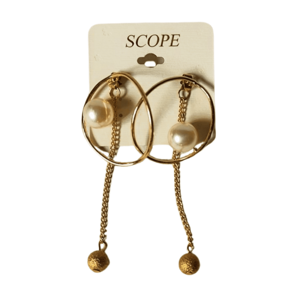 Gold-Tone Pearl Drop Earrings with Chain and Sphere Detail, Hoop Design scope 01
