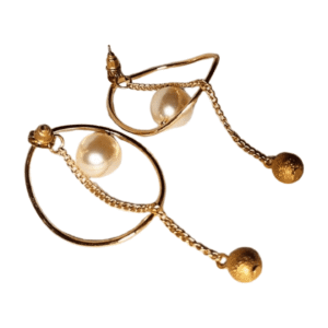 Gold-Tone Pearl Drop Earrings with Chain and Sphere Detail, Hoop Design scope 01