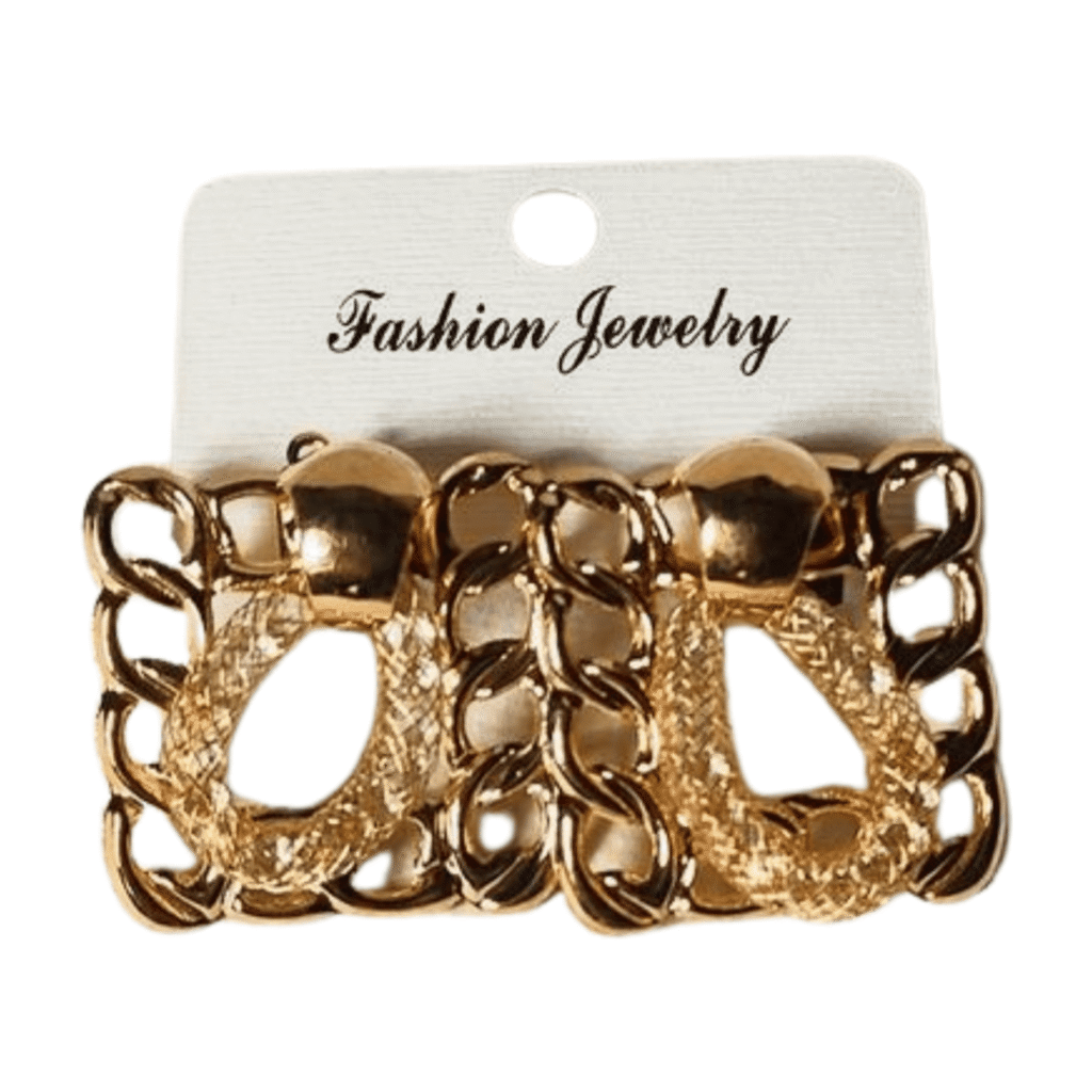 Gold-Tone Chain Link Statement Earrings, Square Design with Textured Pattern, 3.5 cm Length, Set of 2 squre earing 01