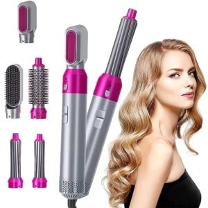 5-in-1 Hot Air Brush and Styler, Multi-Function Hair Dryer with Interchangeable Heads, Anti-Scalding Design, Pink and Silver