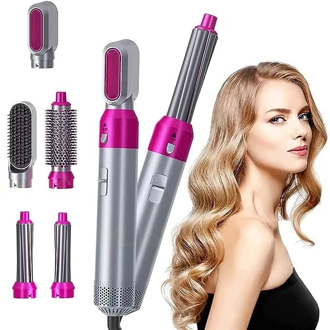 5-in-1 Hot Air Brush and Styler, Multi-Function Hair Dryer with Interchangeable Heads, Anti-Scalding Design, Pink and Silver