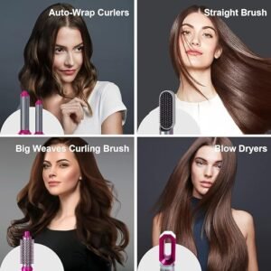 5-in-1 Hot Air Brush and Styler, Multi-Function Hair Dryer with Interchangeable Heads, Anti-Scalding Design, Pink and Silver