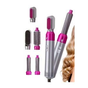 5-in-1 Hot Air Brush and Styler, Multi-Function Hair Dryer with Interchangeable Heads, Anti-Scalding Design, Pink and Silver