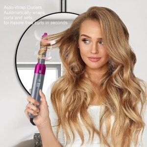 5-in-1 Hot Air Brush and Styler, Multi-Function Hair Dryer with Interchangeable Heads, Anti-Scalding Design, Pink and Silver