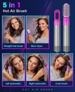 5-in-1 Hot Air Brush and Styler, Multi-Function Hair Dryer with Interchangeable Heads, Anti-Scalding Design, Pink and Silver