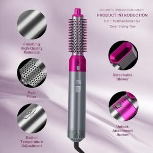 5-in-1 Hot Air Brush and Styler, Multi-Function Hair Dryer with Interchangeable Heads, Anti-Scalding Design, Pink and Silver