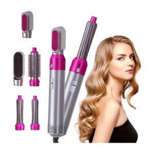 5-in-1 Hot Air Brush and Styler, Multi-Function Hair Dryer with Interchangeable Heads, Anti-Scalding Design, Pink and Silver