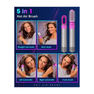 5-in-1 Hot Air Brush and Styler, Multi-Function Hair Dryer with Interchangeable Heads, Anti-Scalding Design, Pink and Silver